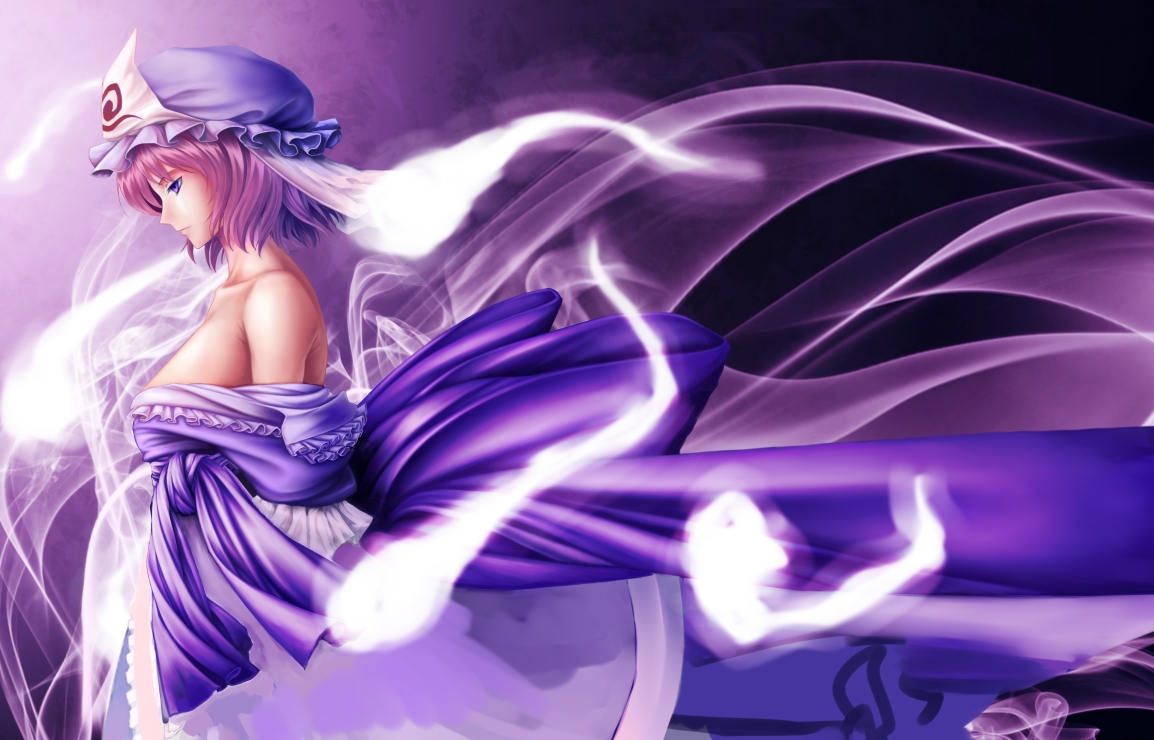 hket, saigyouji yuyuko, touhou, bad id, bad pixiv id, 1girl, breasts, dress, female focus, ghost, gradient background, hat, pink eyes, pink hair, short hair, solo