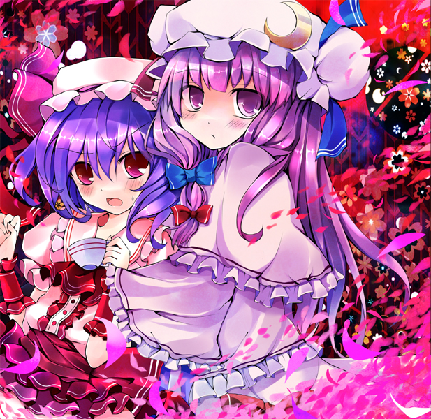 hoshikuzu, patchouli knowledge, remilia scarlet, embodiment of scarlet devil, touhou, 2girls, blue hair, cup, female focus, hat, long hair, multiple girls, purple eyes, purple hair, short hair, teacup, wrist cuffs