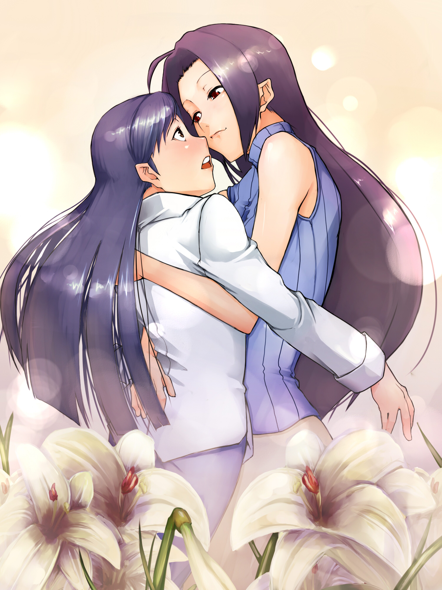 5 tons, apokaridebu, kisaragi chihaya, miura azusa, idolmaster, idolmaster (classic), bad id, bad pixiv id, highres, 00s, 2girls, ahoge, blush, brown eyes, casual, denim, eye contact, flower, grin, hug, jeans, lily (flower), lips, long hair, looking at another, multiple girls, open mouth, pants, pointy ears, purple hair, red eyes, sleeveless, sleeveless turtleneck, smile, surprised, turtleneck, very long hair, yuri