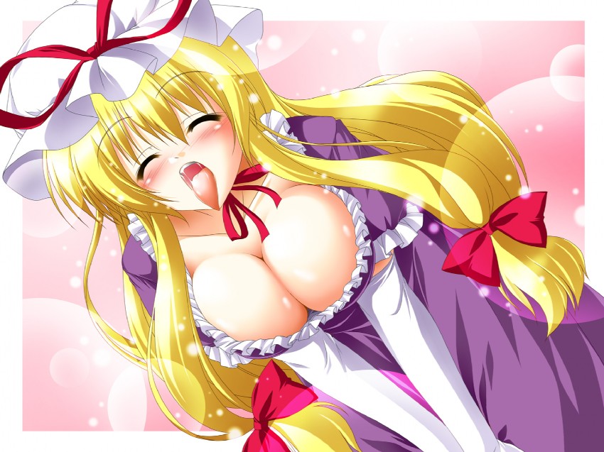 yakumo yukari, touhou, blonde hair, breasts, large breasts, open mouth, tongue