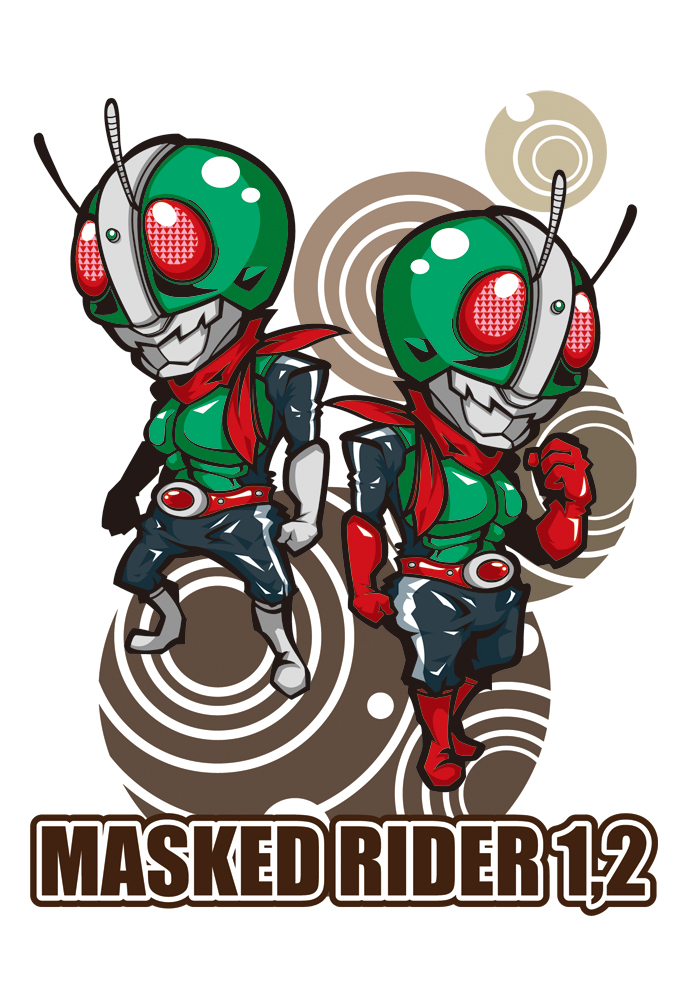 hachimae nana, nana (pixiv409737), kamen rider 1, kamen rider 2, kamen rider, kamen rider (1st series), 2boys, antennae, belt, boots, chibi, gloves, multiple boys, red eyes, scarf