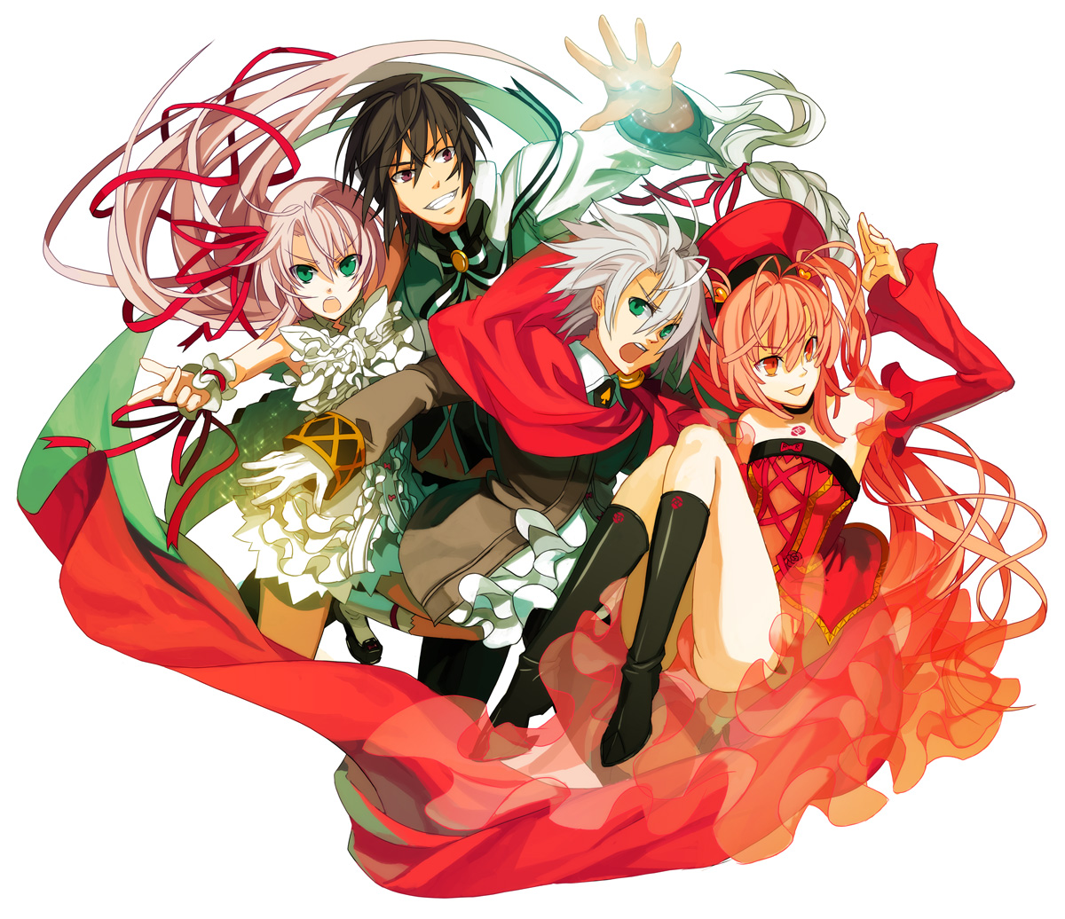 osamu (jagabata), al azif (demonbane), another blood, daijuuji kurou, daijuuji kuzaku, master therion, demonbane, 00s, 2boys, 2girls, brown eyes, brown hair, detached sleeves, gloves, green eyes, hat, multiple boys, multiple girls, orange eyes, orange hair, purple hair, ribbon