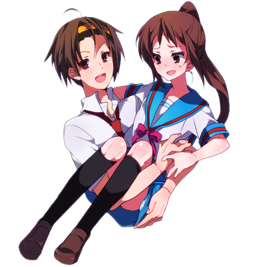 ren (zero second), kyonko, suzumiya haruhiko, suzumiya haruhi no yuuutsu, suzumiya haruhiko no yuuutsu, bad id, bad pixiv id, 00s, 1boy, 1girl, brown eyes, brown hair, carrying, genderswap, genderswap (ftm), genderswap (mtf), hairband, long hair, ponytail, princess carry, school uniform, serafuku, short hair