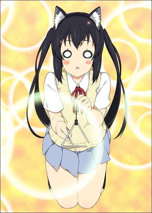 mizuki makoto, nakano azusa, k-on!, 00s, 1girl, :<, animal ears, black hair, cat ears, cat girl, female focus, full body, instrument, long hair, neck ribbon, o o, red ribbon, ribbon, school uniform, solo, sweater vest, triangle (instrument), twintails