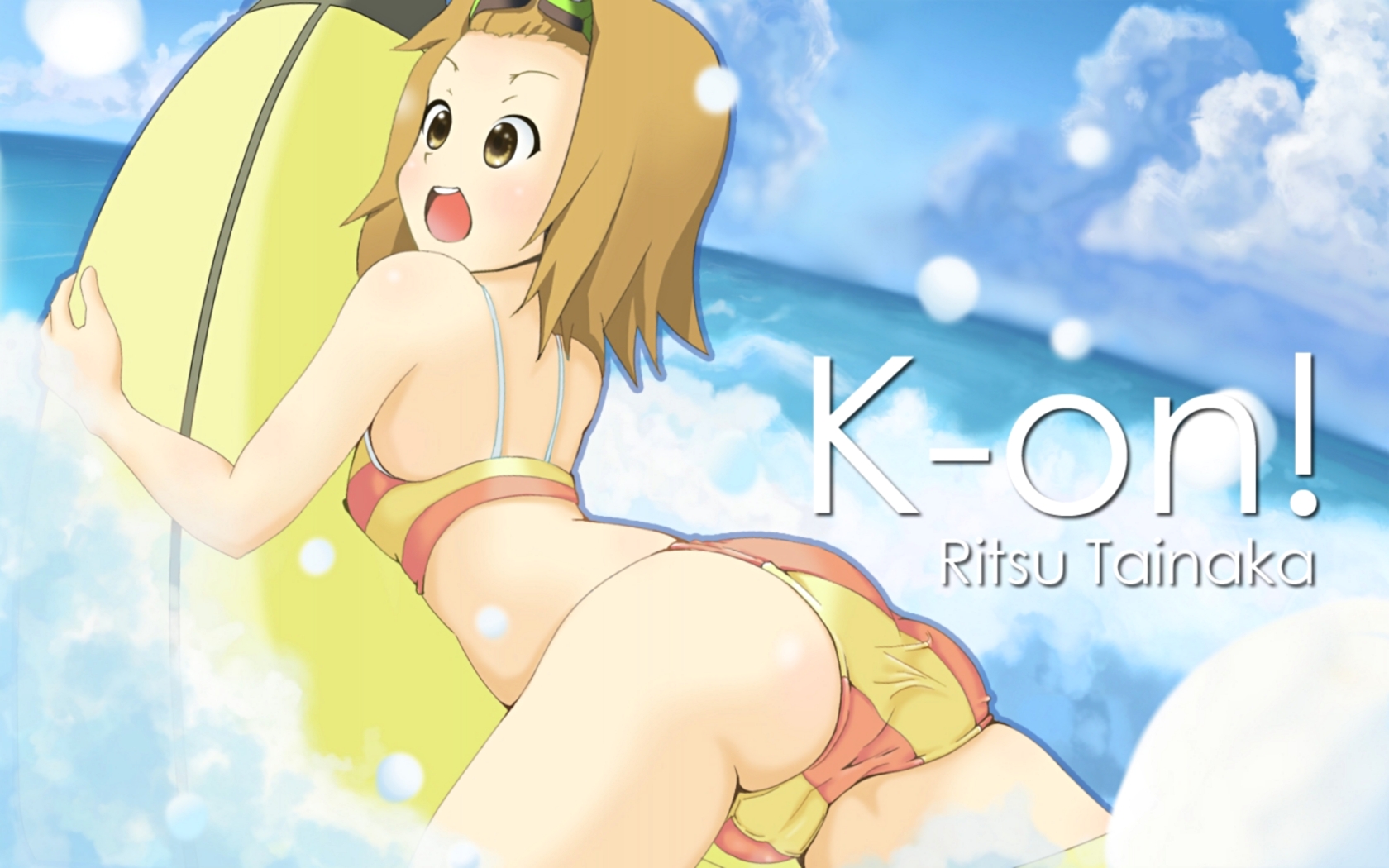 bino, tainaka ritsu, k-on!, highres, non-web source, 00s, 1girl, ass, banana boat, bikini, breasts, brown eyes, brown hair, cameltoe, covered erect nipples, day, female focus, goggles, hairband, on banana, short hair, small breasts, solo, splashing, striped bikini, striped clothes, swimsuit, tomboy, water, yellow bikini