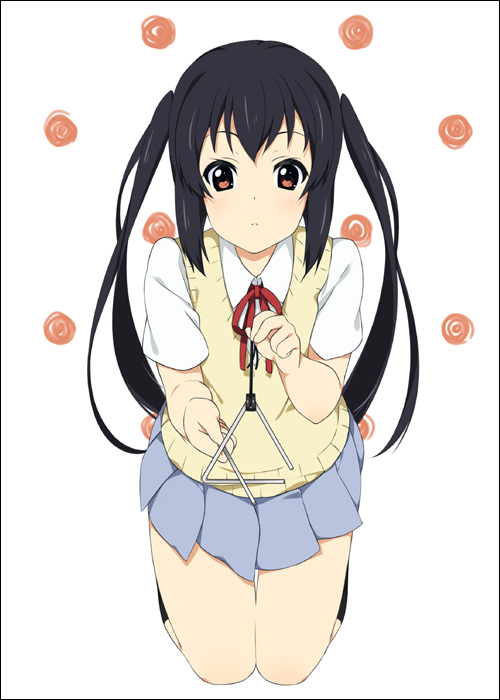 mizuki makoto, nakano azusa, k-on!, 00s, 1girl, black hair, female focus, full body, instrument, long hair, neck ribbon, red ribbon, ribbon, school uniform, solo, sweater vest, triangle (instrument), twintails, white background
