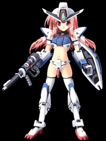 mitsuki mantarou, endou ifrina, figu@mate, game cg, lowres, 1girl, female focus, gun, helmet, mecha musume, parody, pink hair, shield, solo, weapon
