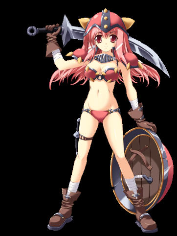 mitsuki mantarou, endou ifrina, figu@mate, game cg, lowres, 1girl, armor, bikini armor, boots, female focus, helmet, parody, pink hair, shield, solo, sword, weapon