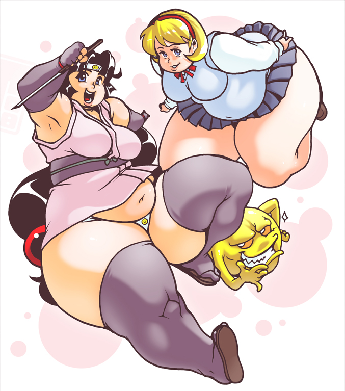 jmanvelez, onsokumaru, shinobu (ninin ga shinobuden), shiranui kaede, ninin ga shinobuden, 00s, 2girls, belly, breasts, fat, fat woman, large breasts, multiple girls, ninja, obese, panties, pantyshot, school uniform, short hair, underwear
