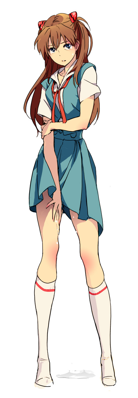 mebae, souryuu asuka langley, neon genesis evangelion, highres, long image, tall image, 1girl, blue eyes, brown hair, collarbone, dress shirt, female focus, hair ornament, holding own arm, kneehighs, legs, long hair, looking at viewer, no shoes, peeing, peeing self, puddle, pussy juice, pussy juice puddle, school uniform, shirt, simple background, socks, solo, standing, white background