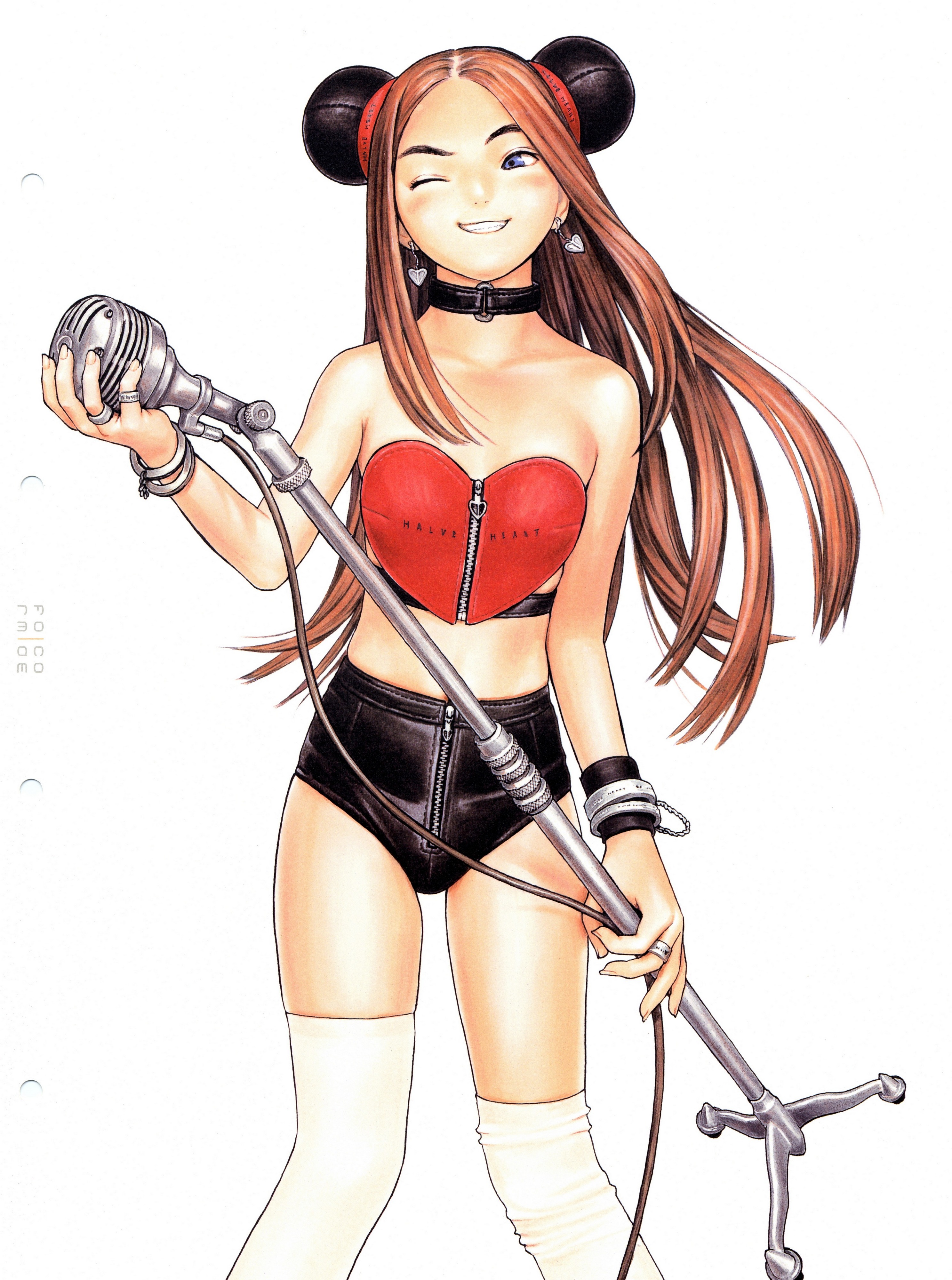 murata range, form code, absurdres, highres, scan, 1girl, bare shoulders, blue eyes, brown hair, choker, female focus, long hair, microphone, microphone stand, solo