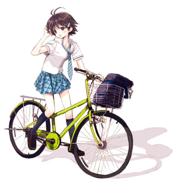 tsukigami runa, kikuchi makoto, idolmaster, idolmaster (classic), looking away, plaid neckwear, 00s, 1girl, antenna hair, bag, bag charm, basket, bicycle, brown eyes, brown hair, charm (object), collared shirt, dress shirt, female focus, full body, hair ornament, hairclip, looking to the side, necktie, open mouth, plaid clothes, plaid necktie, plaid skirt, rough time school, ruffling hair, school bag, shadow, shirt, short sleeves, simple background, skirt, solo, standing, white background, white shirt
