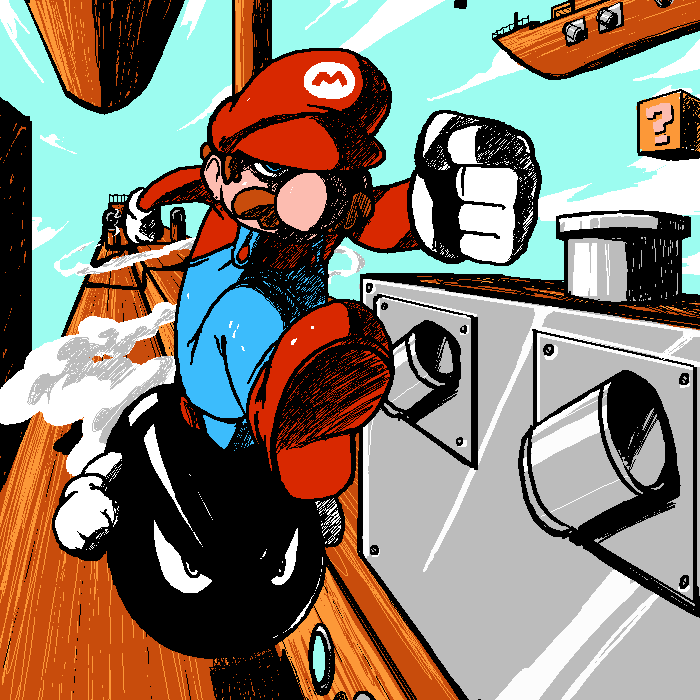 bill blaster, bullet bill, mario, mario (series), nintendo, super mario bros. 1, super mario bros. 3, aliasing, 1boy, ? block, aircraft, airship, blue eyes, boots, brown hair, cannon, facial hair, gloves, hat, jumping, male focus, mustache, overalls, running, short hair, sky, solo, suspenders, white gloves