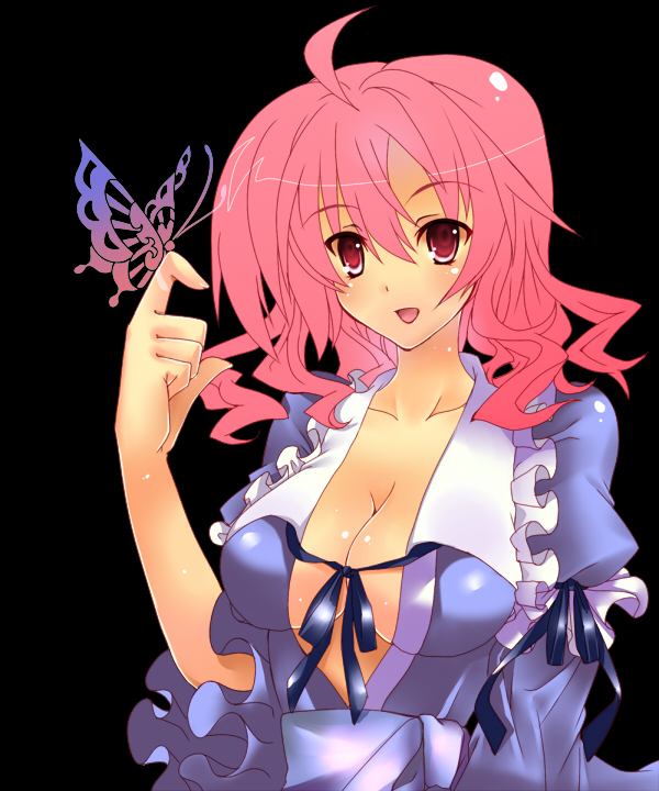tatsuyoshi, saigyouji yuyuko, touhou, bad id, bad pixiv id, 1girl, ahoge, breasts, bug, butterfly, butterfly on hand, cleavage, female focus, large breasts, no bra, no headwear, pink eyes, pink hair, short hair, smile, solo