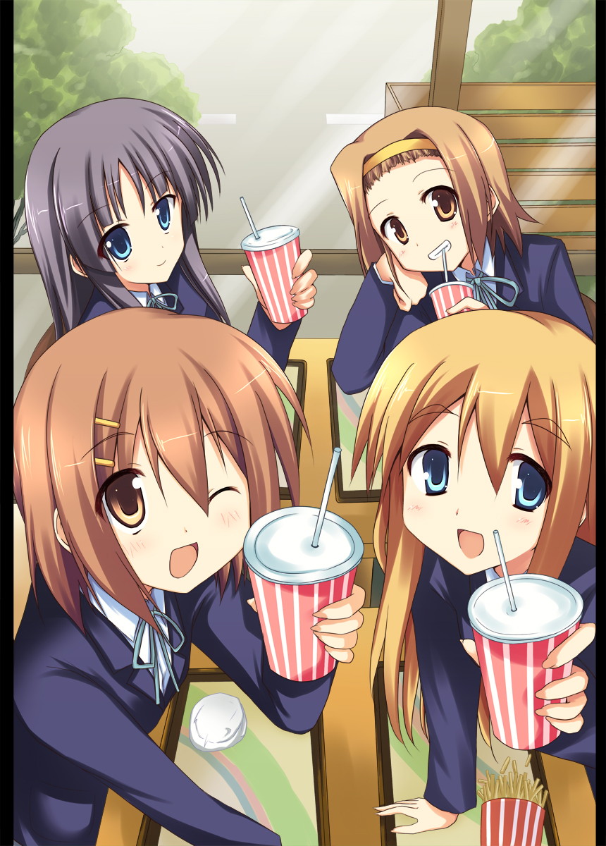 akane souichi, akiyama mio, hirasawa yui, kotobuki tsumugi, tainaka ritsu, k-on!, bad id, bad pixiv id, highres, 00s, 4girls, :d, black hair, brown hair, drink, food, french fries, grin, ho-kago tea time, long hair, multiple girls, one eye closed, open mouth, pillarboxed, school uniform, short hair, smile, wink