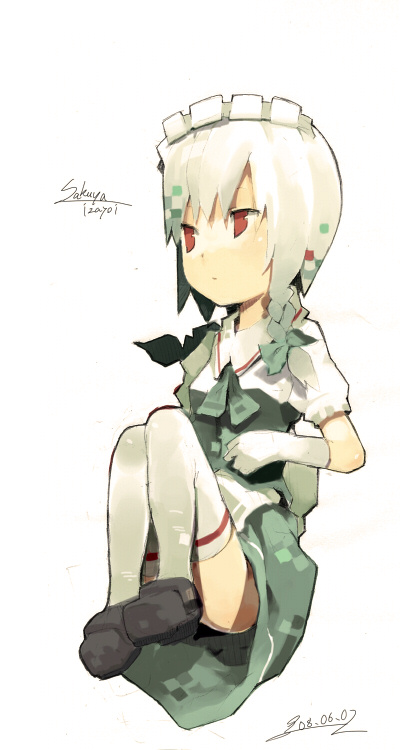fuukadia (narcolepsy), govurin (pixiv), izayoi sakuya, embodiment of scarlet devil, touhou, silver hair, bad id, bad pixiv id, 1girl, braid, female focus, full body, gloves, hair ribbon, hairband, maid headdress, red eyes, ribbon, short hair, simple background, single braid, solo, thighhighs, white background