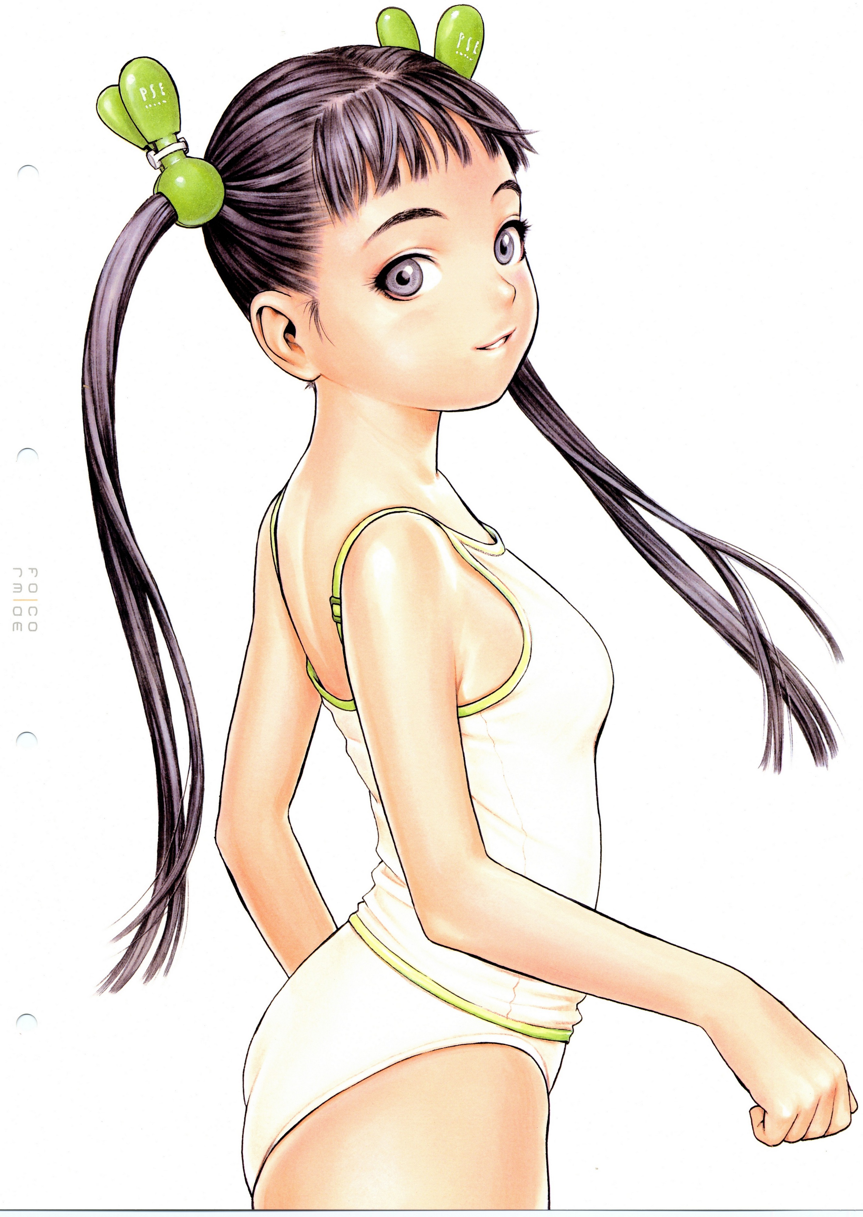 murata range, form code, absurdres, highres, scan, black hair, grey eyes, long hair, panties, solo, twintails, underwear