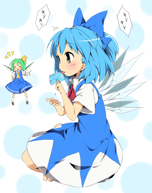 kareha aki, cirno, daiyousei, embodiment of scarlet devil, touhou, bad id, bad pixiv id, 2girls, blue hair, bow, food, hair bow, mini person, minigirl, multiple girls, popsicle, tongue, wings