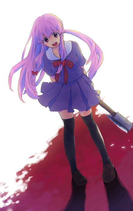 kinuko, kinuko (artist), tomobe kinuko, gasai yuno, mirai nikki, 1girl, axe, blood, female focus, legs, open mouth, pink hair, red eyes, ribbon, school uniform, smile, solo, thighhighs, weapon, yandere