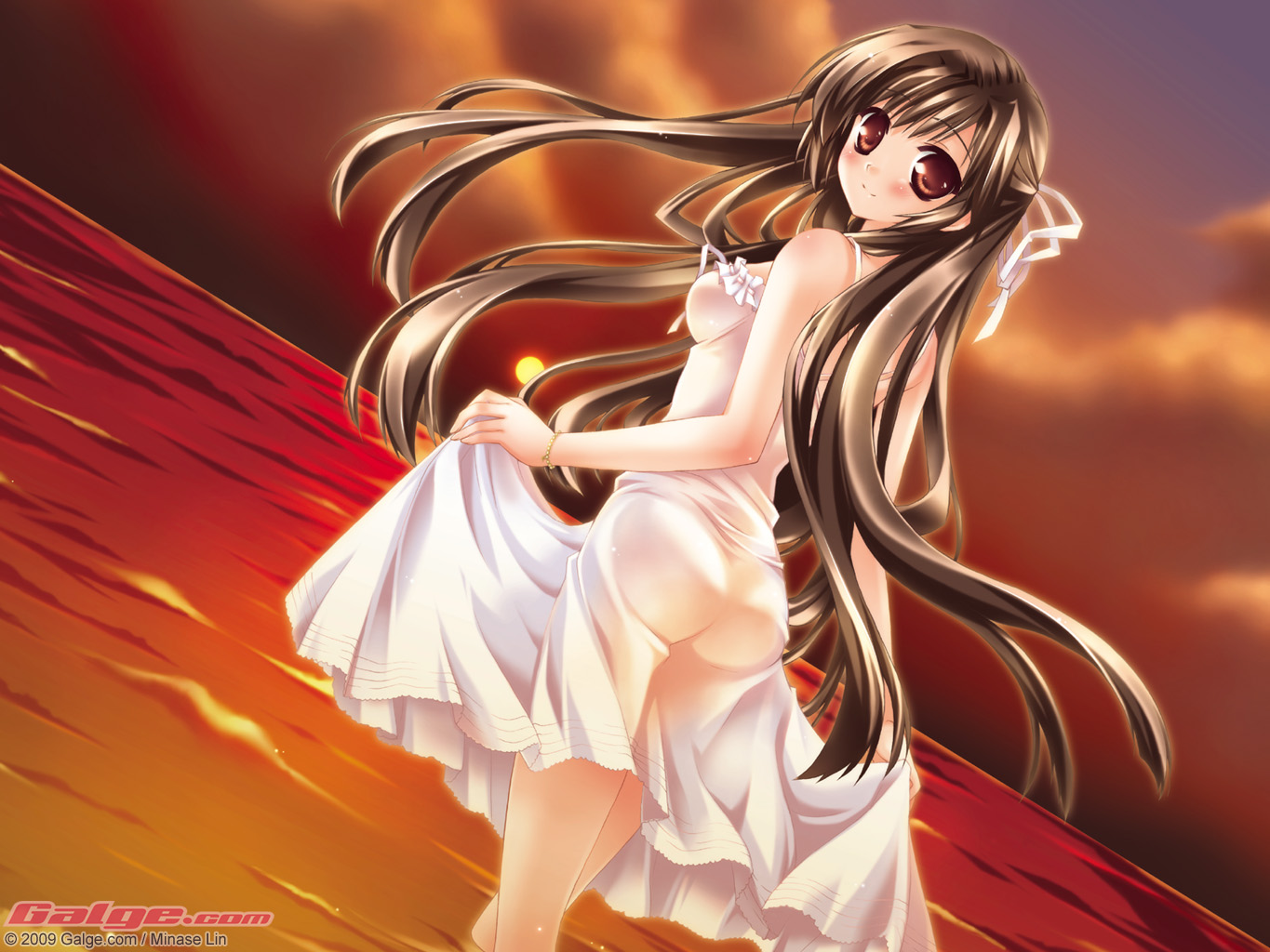 minase lin, galge.com, 1girl, 2009, ass, bare shoulders, blush, brown eyes, brown hair, clothes lift, cloud, dress, dress lift, female focus, hair ribbon, long hair, looking back, ribbon, sky, solo, sun, sunset, very long hair, white dress