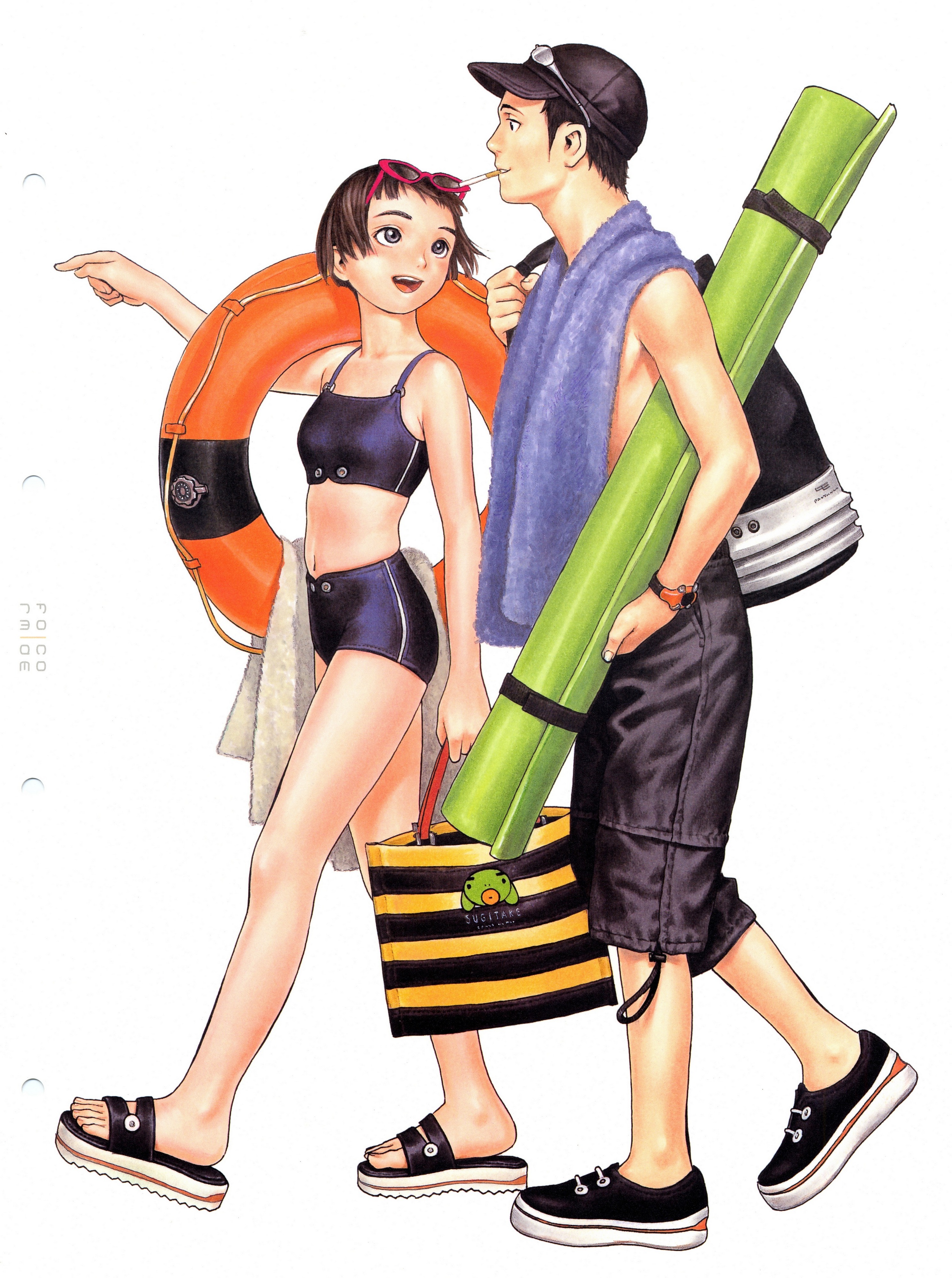 murata range, form code, absurdres, highres, scan, brown hair, cigarette, grey eyes, hat, innertube, short hair, swim ring, swimsuit