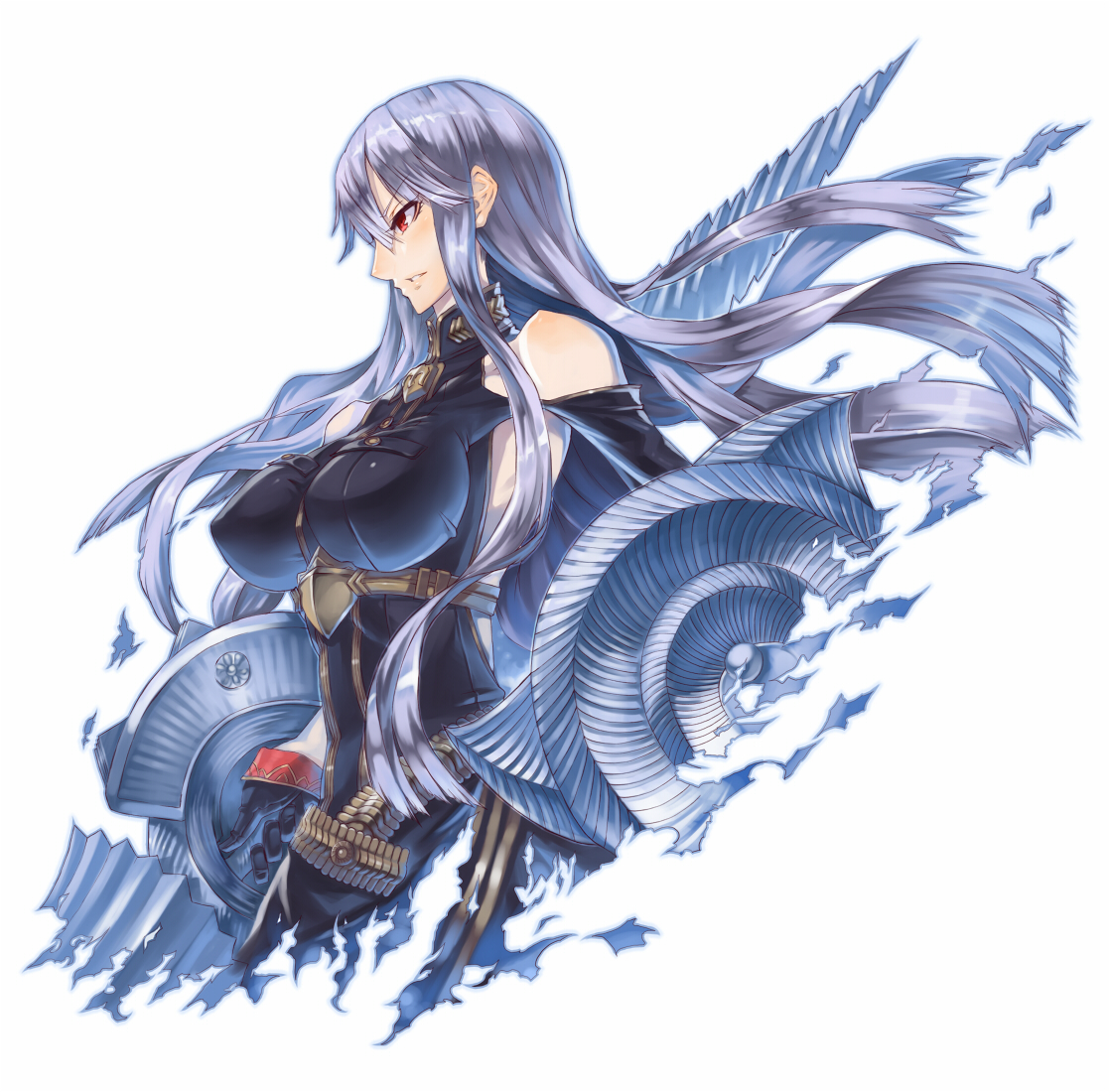 nidy, selvaria bles, senjou no valkyria, senjou no valkyria (series), senjou no valkyria 1, silver hair, 00s, 1girl, artistic error, bare shoulders, breasts, female focus, impossible clothes, impossible shirt, lance, large breasts, long hair, polearm, red eyes, shield, shirt, sideways mouth, solo, spear, weapon