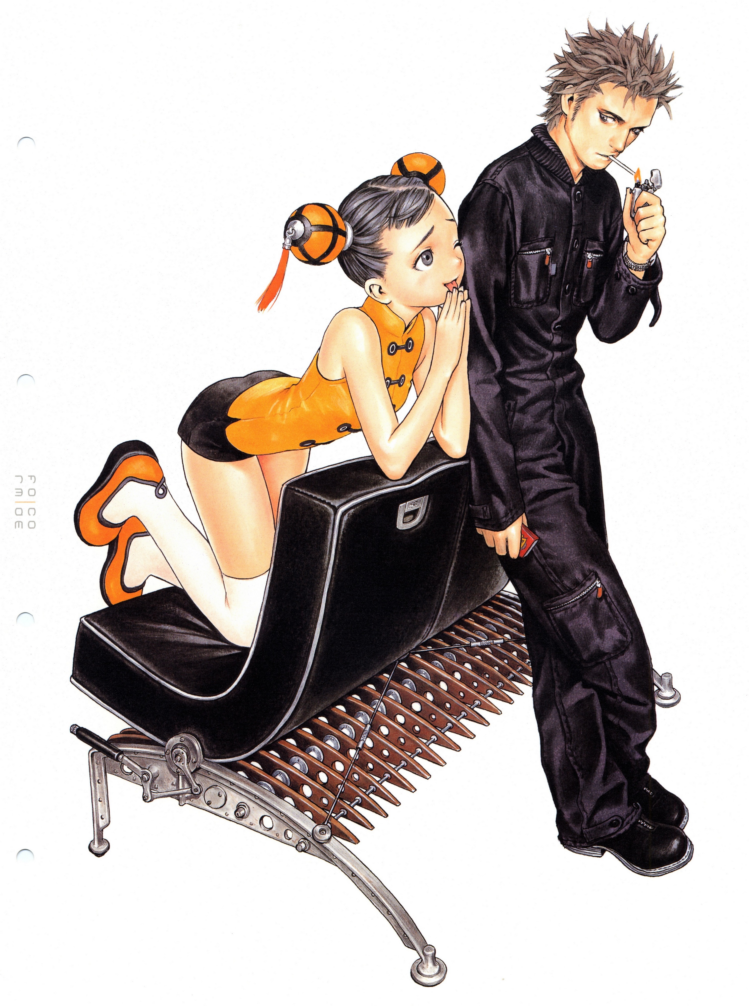 murata range, form code, absurdres, highres, scan, black hair, cigarette, grey eyes, short hair