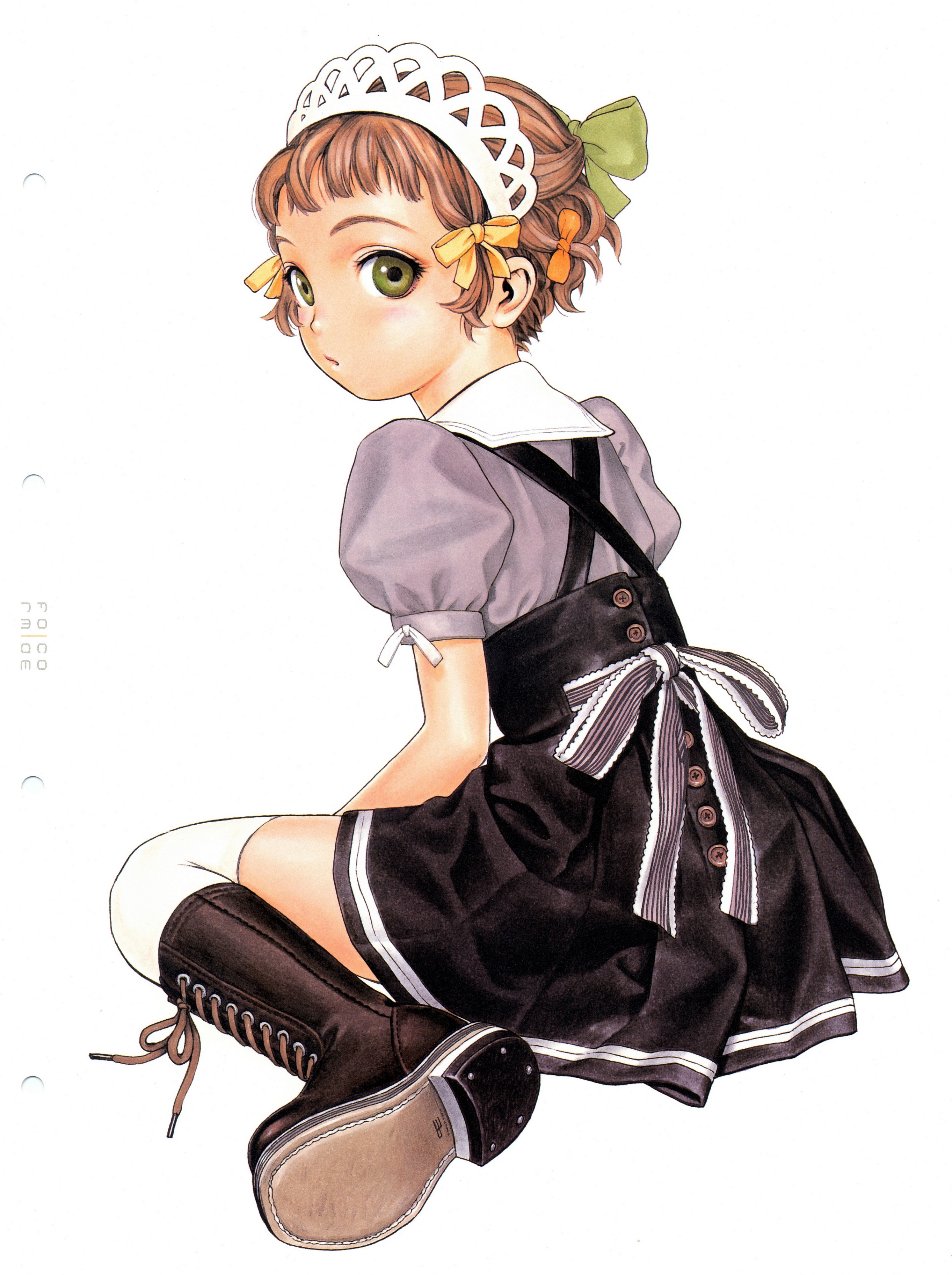 murata range, form code, absurdres, highres, scan, boots, brown hair, green eyes, looking back, maid, ribbon, short hair, solo