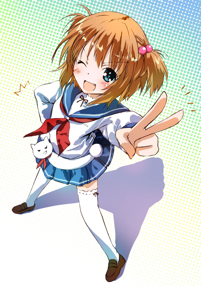 saeki touma, kataoka yuuki, saki (manga), bad id, bad pixiv id, 00s, blue eyes, blush, brown hair, fang, from above, hair bobbles, hair ornament, one eye closed, school uniform, serafuku, short hair, short twintails, skirt, smile, solo, thighhighs, twintails, two side up, v, wink, zettai ryouiki