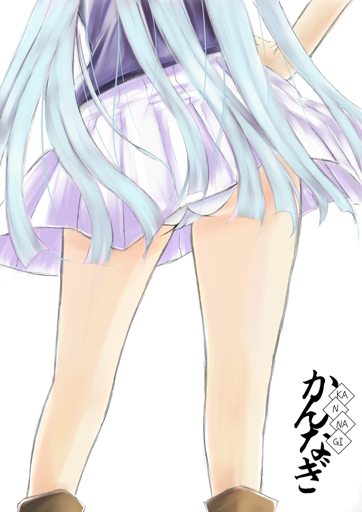 r0g0b0, nagi, kannagi, bad id, bad pixiv id, reference work, 00s, 1girl, ass, blue hair, boots, female focus, hand on own hip, hip focus, long hair, miniskirt, panties, pantyshot, pleated skirt, reference, skirt, solo, standing, trefoil, underwear, upskirt, white panties, white skirt