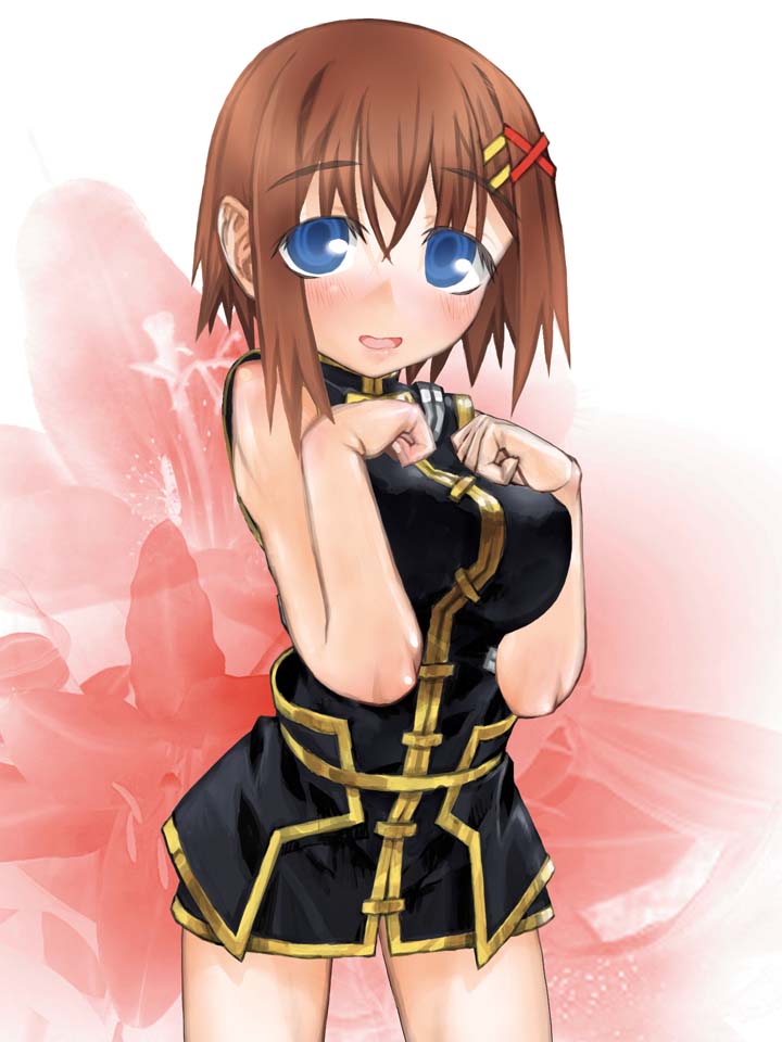 kakashichi, yagami hayate, lyrical nanoha, mahou shoujo lyrical nanoha, mahou shoujo lyrical nanoha strikers, 00s, 1girl, blue eyes, breast suppress, breasts, brown hair, female focus, hair ornament, large breasts, short hair, solo, x hair ornament