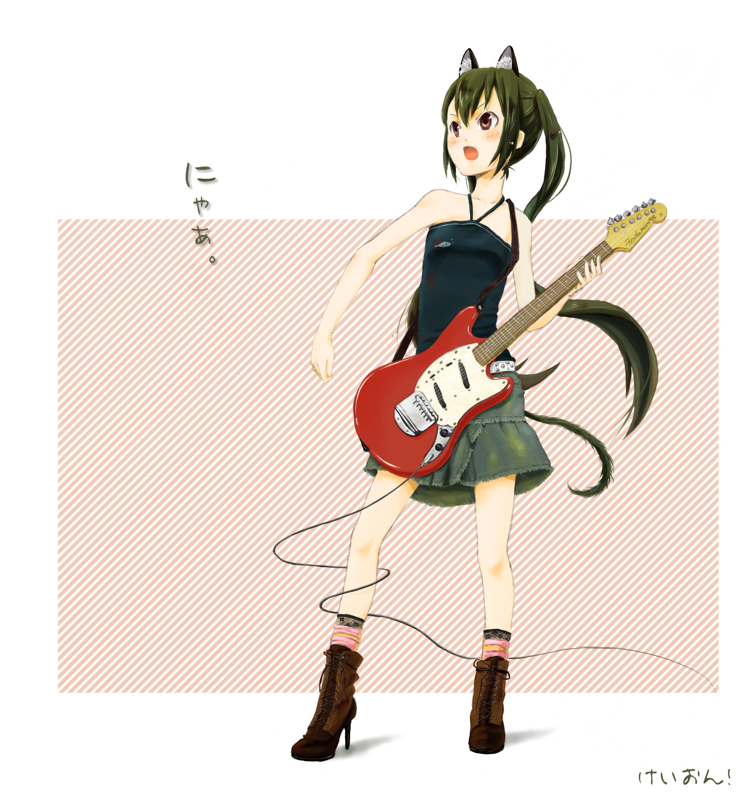 kuro (greenhorn), nakano azusa, k-on!, bad id, bad pixiv id, highres, 00s, 1girl, animal ears, bare shoulders, black hair, boots, brown eyes, cat ears, cat girl, cat tail, female focus, full body, guitar, instrument, long hair, mustang (guitar), open mouth, skirt, socks, solo, tail, twintails