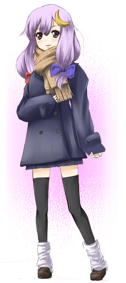 r0g0b0, patchouli knowledge, perfect cherry blossom, touhou, bad id, bad pixiv id, 1girl, alternate costume, black thighhighs, blush, contemporary, crescent, crescent hair ornament, female focus, hair ornament, hair ribbon, purple eyes, purple hair, ribbon, scarf, skirt, solo, thighhighs, zettai ryouiki