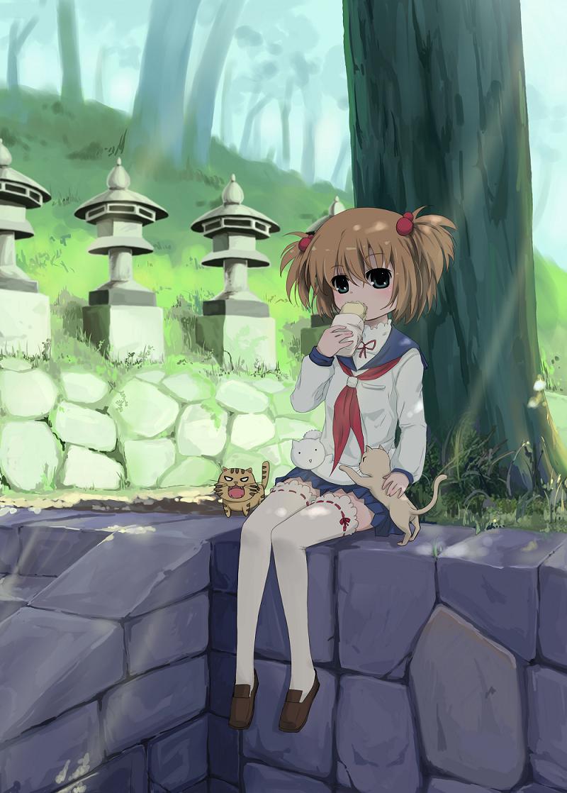 zhao shuwen, kataoka yuuki, kugimiya rie, palmtop tiger, saki (manga), toradora!, jpeg artifacts, 00s, blue eyes, brown hair, cat, eating, forest, hair bobbles, hair ornament, nature, school uniform, serafuku, short hair, short twintails, sitting, skirt, solo, stone lantern, taco, thighhighs, tiger, twintails, two side up, voice actor connection, white thighhighs, zettai ryouiki