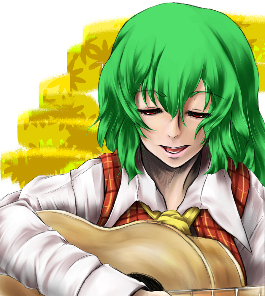 r0g0b0, kazami yuuka, touhou, bad id, bad pixiv id, 1girl, acoustic guitar, ascot, female focus, green hair, guitar, instrument, plaid clothes, plaid vest, red eyes, short hair, solo, vest