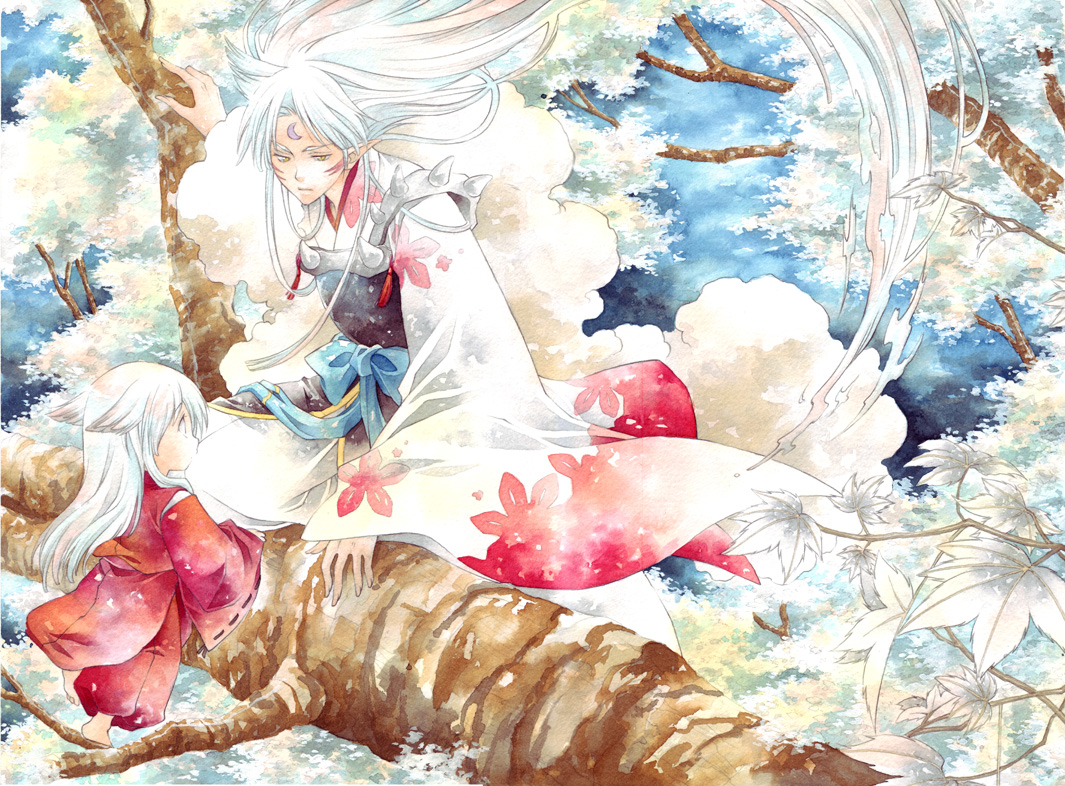 pui, pui (sakanapuchi), inuyasha (character), sesshoumaru, inuyasha, fur, painting (medium), traditional media, watercolor (medium), 2boys, aged down, animal ears, brothers, child, crescent, crescent moon, demon, dog ears, flower, japanese clothes, kimono, long hair, male focus, moon, multiple boys, obi, pointy ears, sash, siblings, tree, very long hair, white hair