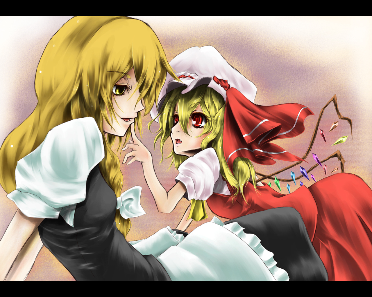 r0g0b0, flandre scarlet, kirisame marisa, touhou, bad id, bad pixiv id, 2girls, blonde hair, fang, female focus, hair ribbon, hat, letterboxed, multiple girls, no headwear, red eyes, ribbon, vampire, wings, yellow eyes