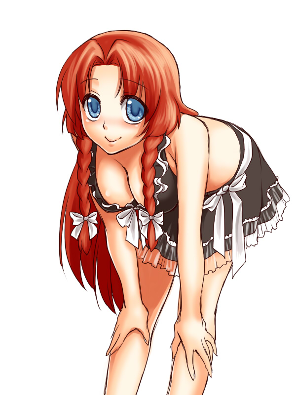 esaka, hong meiling, touhou, bad id, bad pixiv id, 1girl, bare shoulders, bent over, blue eyes, bow, braid, breasts, casual, cleavage, female focus, hair bow, large breasts, lips, long hair, maid, red hair, smile, solo, twin braids