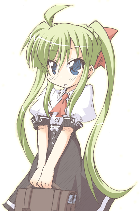 tsukishima makoto, einhard stratos, lyrical nanoha, mahou shoujo lyrical nanoha, mahou shoujo lyrical nanoha vivid, 10s, 1girl, blush, female focus, long hair, puffy short sleeves, puffy sleeves, short sleeves, sidelocks, simple background, solo, twintails, very long hair, white background