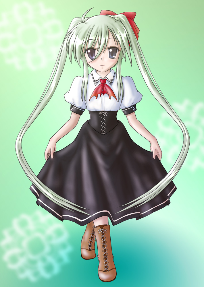 ryuhisho, einhard stratos, lyrical nanoha, mahou shoujo lyrical nanoha, mahou shoujo lyrical nanoha vivid, 10s, blush, bow, green hair, grey eyes, grey hair, hair bow, heterochromia, long hair, school uniform, skirt, solo, twintails, very long hair