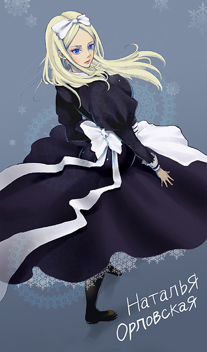 an tsugi mine, belarus (hetalia), axis powers hetalia, 00s, 1girl, apron, blonde hair, blue eyes, dress, female focus, frills, hair ribbon, lingerie, long hair, pantyhose, petticoat, ribbon, snowflakes, solo, underwear