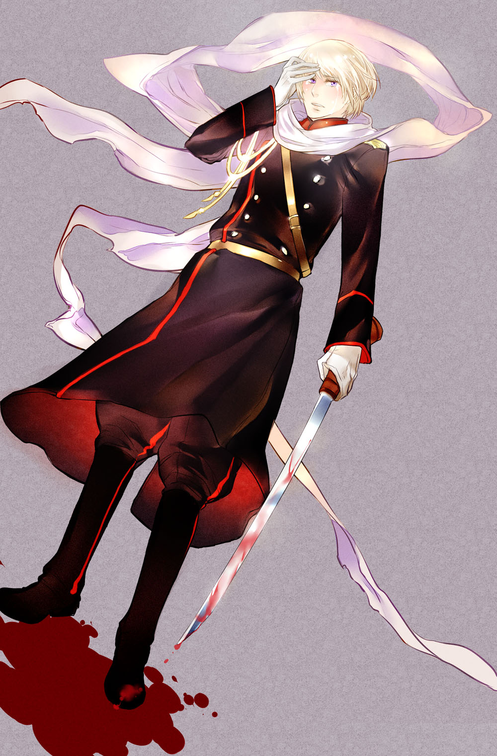 bee*, beepaint, russia (hetalia), axis powers hetalia, highres, 00s, 1boy, aiguillette, blood, boots, gloves, male focus, military, military uniform, purple eyes, scarf, short hair, solo, sword, tears, weapon, white gloves