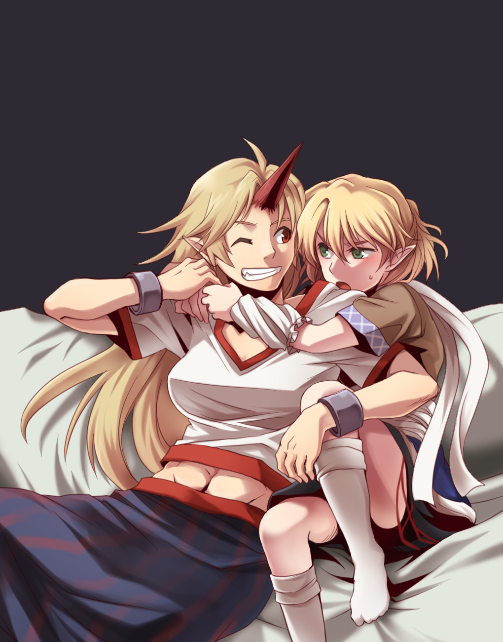 re ghotion, hoshiguma yuugi, mizuhashi parsee, touhou, bad id, bad pixiv id, highres, 2girls, arm warmers, blonde hair, female focus, green eyes, horns, hug, hug from behind, kneehighs, long hair, multiple girls, one eye closed, pointy ears, red eyes, scarf, short hair, single horn, socks, wink