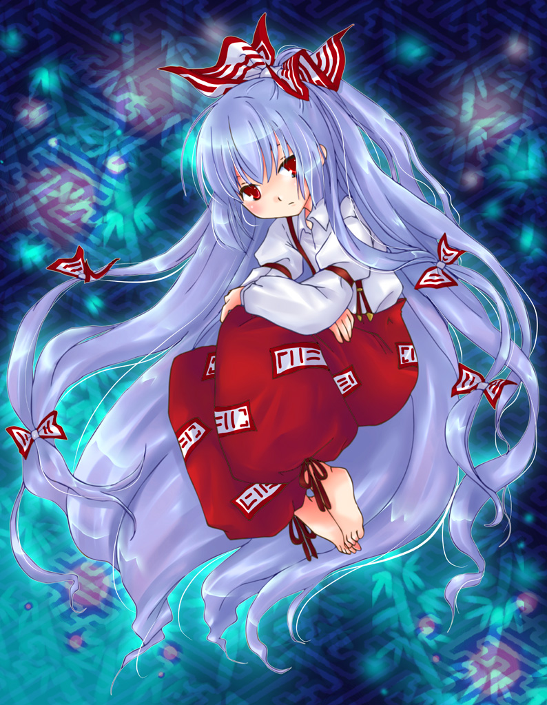 ogakuru, fujiwara no mokou, touhou, silver hair, 1girl, barefoot, bow, feet, female focus, full body, hair bow, hair ribbon, long hair, multiple hair bows, pants, red eyes, ribbon, solo, suspenders