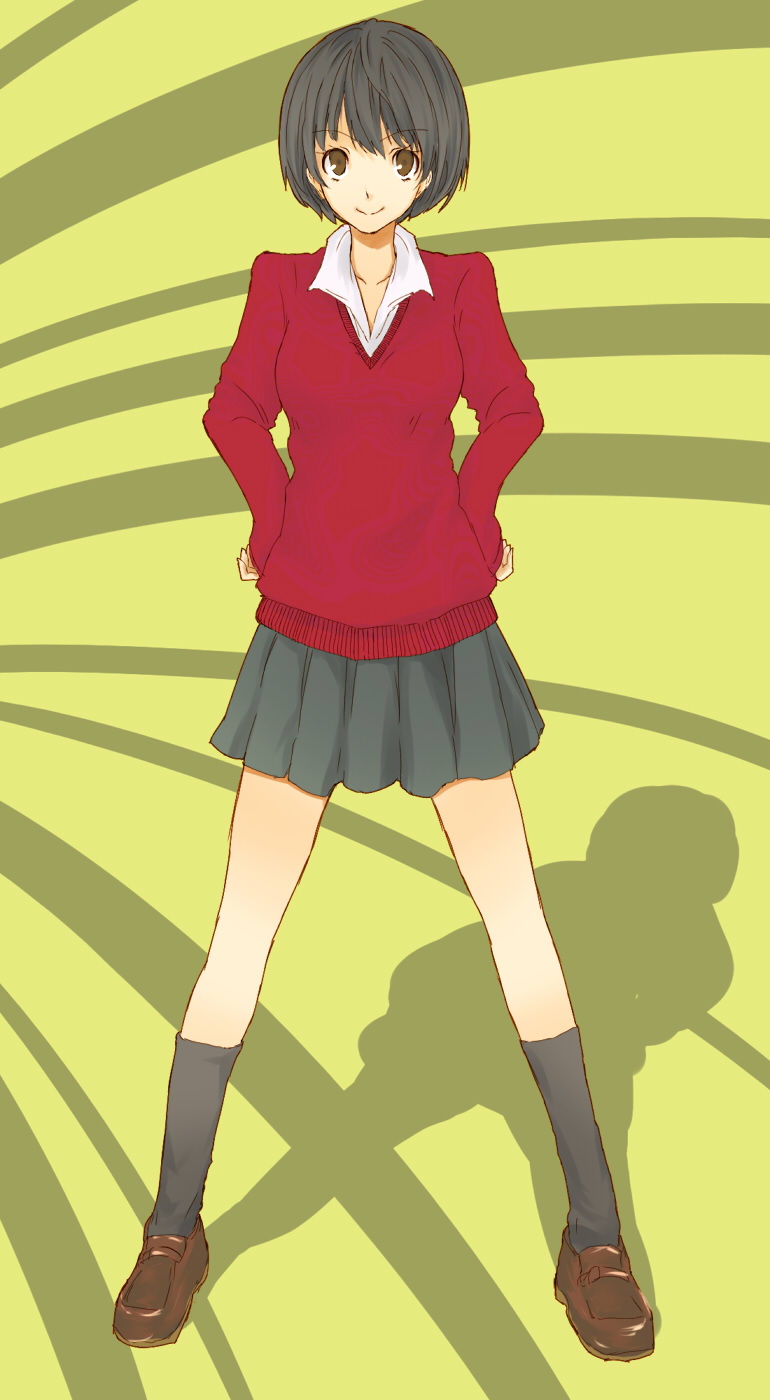 nishiuri warito, original, bad id, bad pixiv id, highres, 1girl, black hair, brown eyes, female focus, hands on own hips, legs, short hair, smile, socks, solo, sweater