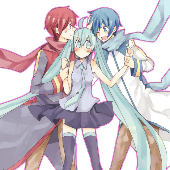 mui, akaito, hatsune miku, kaito (vocaloid), vocaloid, 1boy, 2girls, ahoge, angry, aqua eyes, aqua hair, blue eyes, blue hair, blue scarf, blush, long hair, multiple girls, red eyes, red hair, red scarf, scarf, simple background, skirt, thighhighs, twintails