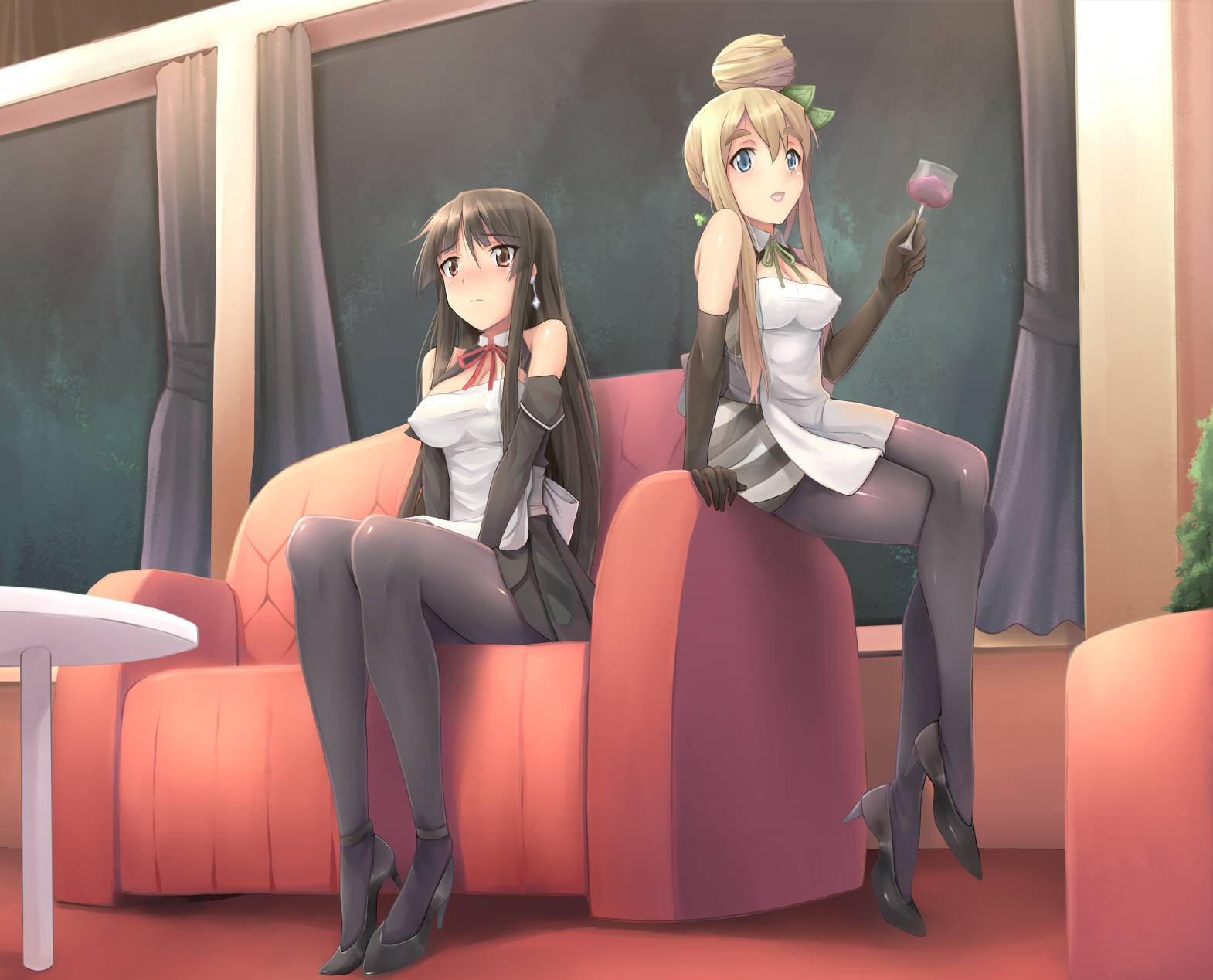 yuki usagi (mofurafu), akiyama mio, kotobuki tsumugi, dream c club, dream c club (series), k-on!, black legwear, highres, 2girls, black hair, blonde hair, blush, breasts, cosplay, covered erect nipples, crossed legs, cup, dress, drinking glass, female focus, hair between eyes, hair bun, high heels, legs, long hair, medium breasts, multiple girls, pantyhose, parody, plant, plantar flexion, shoes, single hair bun, sitting, stiletto heels, striped clothes, striped dress, very long hair, waitress, wine glass