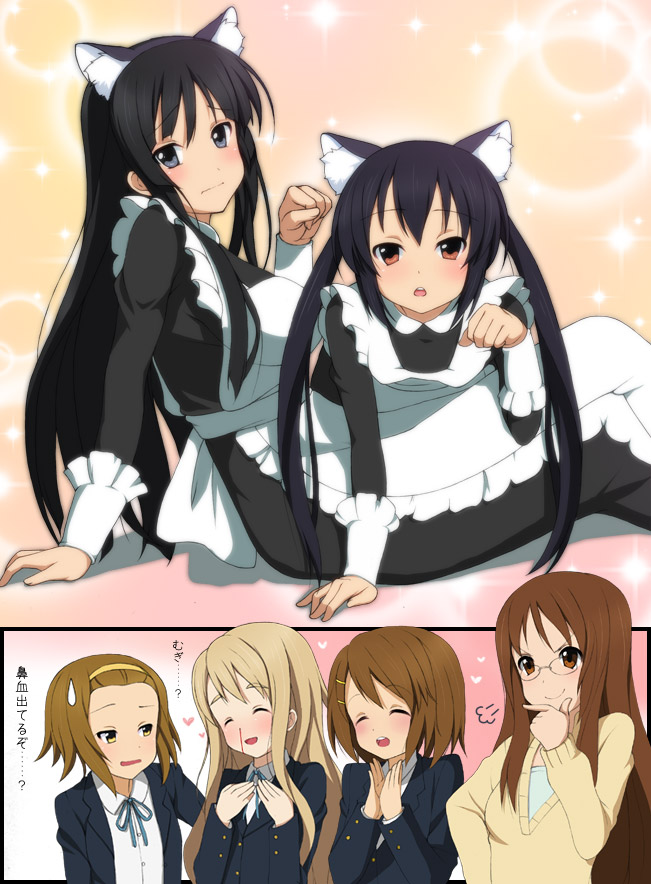 kyoku tou, akiyama mio, hirasawa yui, kotobuki tsumugi, nakano azusa, tainaka ritsu, yamanaka sawako, k-on!, translated, 6+girls, alternate costume, animal ears, black eyes, black hair, blazer, blood, brown eyes, cat ears, closed eyes, cosplay, enmaided, glasses, ho-kago tea time, jacket, long hair, maid, multiple girls, nosebleed, paw pose, school uniform, sparkle, sweatdrop, twintails