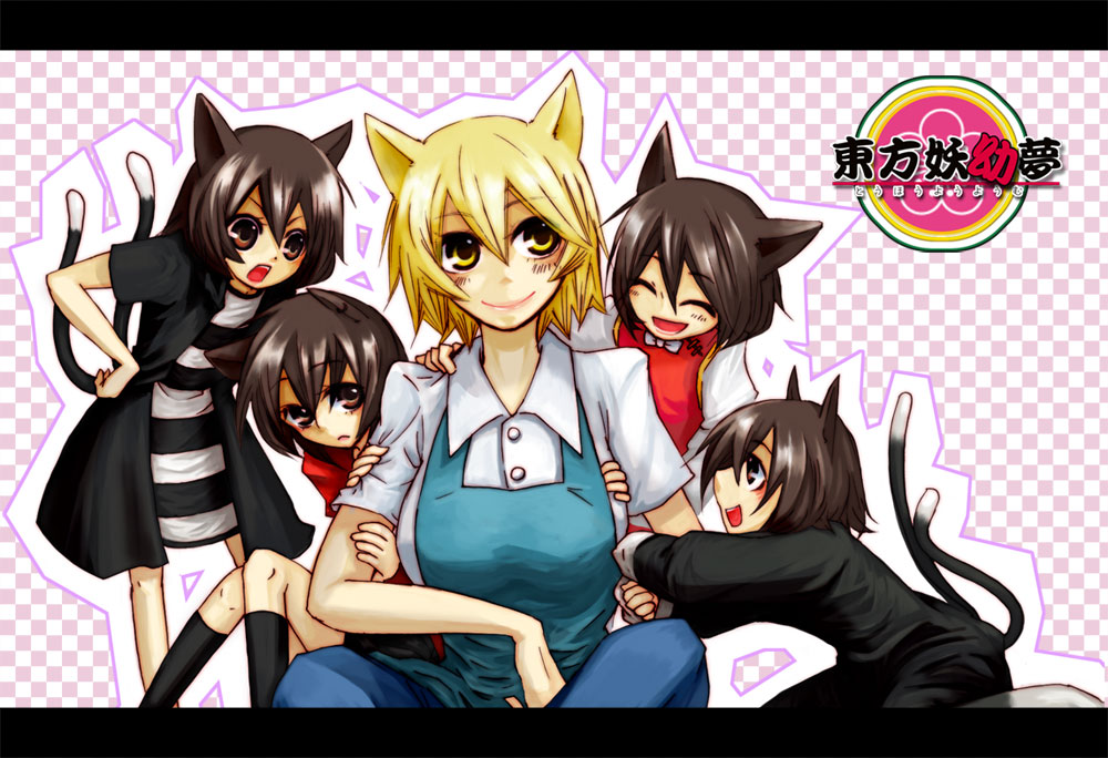 nanohito, tmc, chen, yakumo ran, touhou, 5girls, :d, alternate costume, animal ears, apron, blonde hair, blush, brown eyes, brown hair, cat ears, cat girl, cat tail, checkered background, clone, collared shirt, female focus, fox ears, multiple girls, multiple tails, nekomata, no headwear, open mouth, shirt, short hair, short sleeves, smile, socks, tail, two tails, yellow eyes