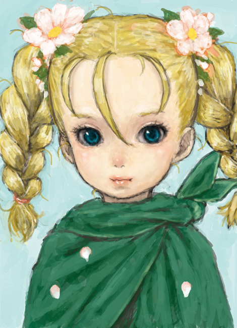 ponsuke (pon00000), bianca (dq5), dragon quest, dragon quest v, bad id, bad pixiv id, 1girl, aged down, blonde hair, blue eyes, braid, cape, female focus, flower, hair flower, hair ornament, petals, solo, twin braids, upper body